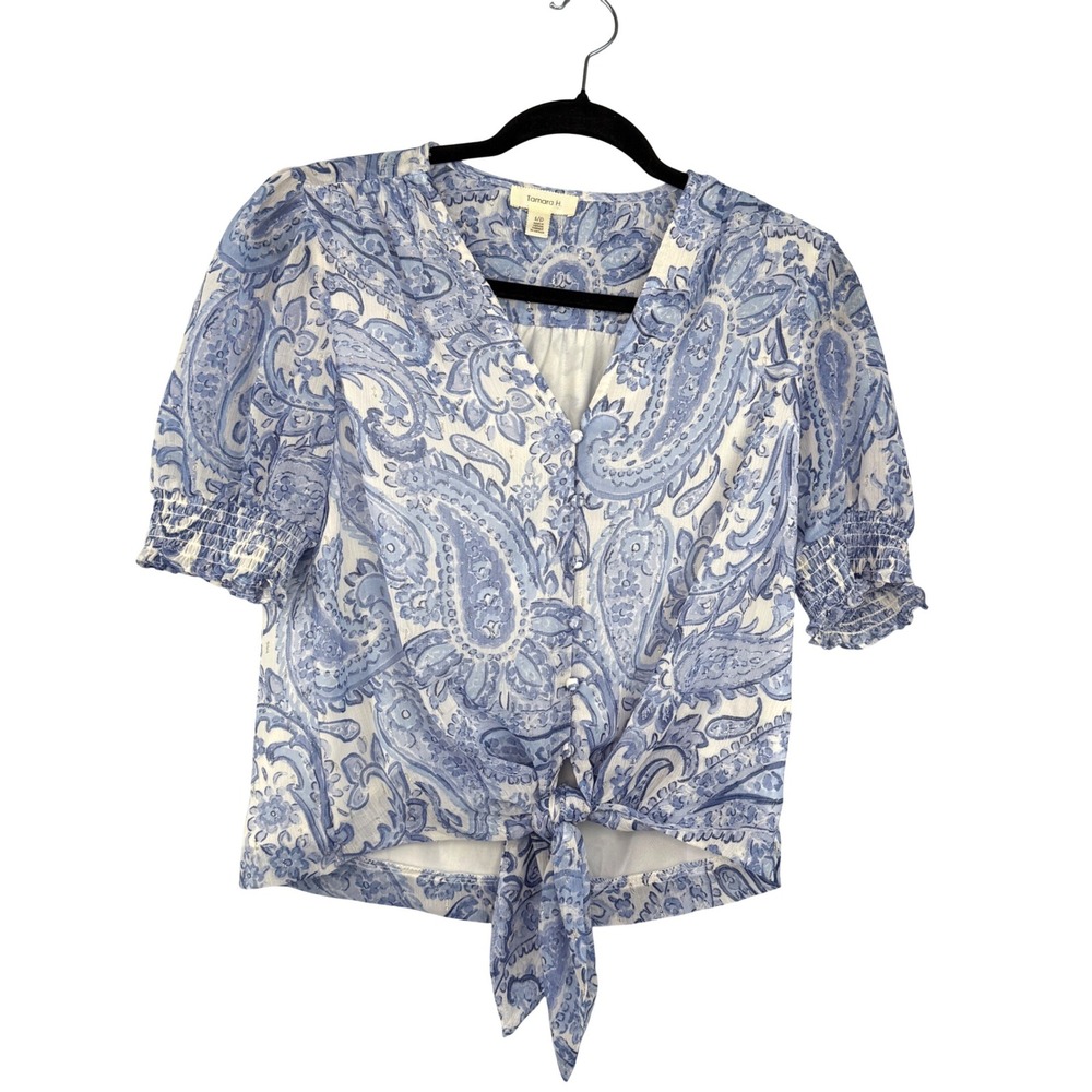 Tamara H. Paisley Blouse Women Small Blue Tie Front Puff Sleeve Boho Top
